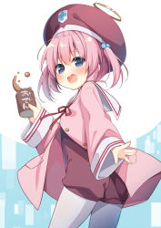 Rule 34 | 1girl, beret, brown hat, can, copyright request, hanamiya natsuka, hat, holding, holding can, jacket, long sleeves, looking at viewer, looking back, neck ribbon, onesie, pantyhose, pink jacket, red ribbon, ribbon, sailor collar, sleeves past wrists, solo, white pantyhose, white sailor collar, wide sleeves
