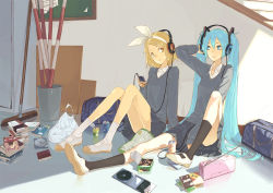 Rule 34 | 00s, 2girls, bag, between thighs, black socks, blonde hair, blue eyes, blue hair, book, book stack, bow, box, brush, cable, can, cd, cd case, cellphone, chalkboard, convenient censoring, drink can, food, grey skirt, hair bow, hair ornament, hairband, hairclip, hand on headphones, hatsune miku, head tilt, headphones, indoors, kagamine rin, kneehighs, leg up, long hair, long sleeves, mary janes, miniskirt, multiple girls, paper, parted lips, phone, plastic bag, pleated skirt, pole, radio, school, school uniform, shirt, shoes, short hair, sitting, skirt, snack, socks, soda can, sweater, sweets, takanuma tama, torn paper, twintails, very long hair, vocaloid, white bow, white footwear, white legwear, white shirt, yellow eyes