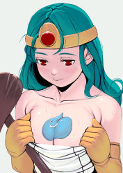 Rule 34 | 1girl, bad id, bad pixiv id, bare shoulders, between breasts, blue hair, blush, breasts, chunsoft, circlet, cleavage, dragon quest, dragon quest iii, elbow gloves, enix, gloves, kouno (masao), large breasts, long hair, red eyes, sage (dq3), simple background, slime (creature), slime (dragon quest), solo, sweat