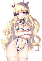 1girl, :o, animal ears, animal print, bangs, bare arms, bare shoulders, bell, black bow, blonde hair, blue eyes, blunt bangs, blush, bow, breasts, brown legwear, cleavage, commentary request, cow ears, cow girl, cow horns, cow print, crossed arms, eyebrows visible through hair, hair bow, horns, kemonomimi mode, long hair, looking at viewer, mauve, medium breasts, navel, open mouth, pointy ears, princess connect!, princess connect! re:dive, print swimsuit, saren (princess connect!), simple background, solo, standing, swimsuit, thighhighs, very long hair, white background, white swimsuit