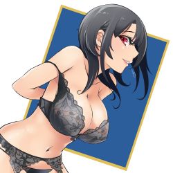 Rule 34 | 1girl, black bra, black hair, black panties, bra, breasts, cleavage, commentary request, cowboy shot, garter straps, kantai collection, large breasts, lips, looking at viewer, navel, panties, parted lips, profile, red eyes, removing bra, short hair, solo, square, takao (kancolle), udukikosuke, underwear, underwear only, white background