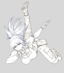 Rule 34 | 1girl, boots, breasts, cleavage, combat boots, dog tags, gloves, grey background, jumping, l.g (greenforce1), leona heidern, lineart, looking at viewer, monochrome, muscular, muscular female, pants, pocket, ponytail, pouch, sketch, soldier, solo, tank top, the king of fighters, the king of fighters xiv