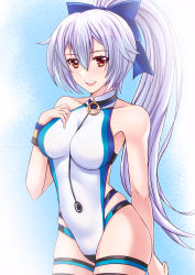 Rule 34 | 1girl, :d, absurdres, bare shoulders, blue background, blue bow, blush, bow, breasts, collarbone, commentary request, competition swimsuit, fate/grand order, fate (series), hair between eyes, hair bow, highleg, highleg swimsuit, highres, long hair, looking at viewer, medium breasts, one-piece swimsuit, open mouth, ponytail, red eyes, sawwei005, silver hair, smile, solo, swimsuit, tomoe gozen (fate), tomoe gozen (swimsuit saber) (fate), tomoe gozen (swimsuit saber) (first ascension) (fate), two-tone swimsuit, upper body