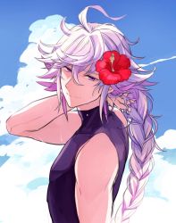 Rule 34 | 1boy, braid, closed mouth, cloud, cloudy sky, day, fate/grand order, fate (series), flower, hair flower, hair ornament, hibiscus, kihonsiii, long hair, looking at viewer, male focus, merlin (fate/stay night), purple eyes, purple hair, sky, sleeveless, smile, solo, upper body