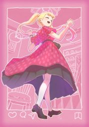 Rule 34 | 1girl, ^ ^, absurdres, arms up, blonde hair, closed eyes, dress, closed eyes, from below, highres, huge filesize, norikoi, open mouth, original, pink dress, pink theme, smile, solo, twintails