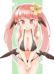 Rule 34 | 1girl, alternate hairstyle, arnest, bare arms, bare shoulders, bikini, black bikini, blush, border, collarbone, commentary request, cowboy shot, demon wings, flower, green background, hair flower, hair ornament, halterneck, head wings, koakuma, long hair, looking at viewer, low wings, navel, outside border, own hands together, red eyes, red hair, sidelocks, smile, solo, standing, stomach, swimsuit, thighs, touhou, twintails, two-tone background, v arms, very long hair, white background, white border, wings, yellow flower