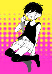 Rule 34 | 1boy, absurdres, black tank top, black thighhighs, blush, clenched teeth, collarbone, colored skin, drooling, highres, holding, holding knife, knife, looking at viewer, navel, omori, omori (omori), papapaimon, solo, tank top, teeth, thighhighs, white skin