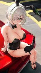 Rule 34 | 1girl, animal ears, black bow, black bowtie, black footwear, black leotard, bow, bowtie, breasts, car, cleavage, closed mouth, day, detached collar, green eyes, green hair, hair over one eye, high heels, highres, large breasts, leotard, medium hair, motor vehicle, multicolored hair, on vehicle, original, outdoors, parking lot, playboy bunny, rabbit, rabbit ears, rabbit tail, sitting, smile, solar (happymonk), solo, streaked hair, sweat, tail, white hair, wrist cuffs