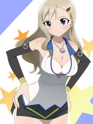 Rule 34 | 1girl, achi (achi5568), asymmetrical bangs, black skirt, black sleeves, blonde hair, blouse, blue eyes, blush, breasts, cleavage, closed mouth, collared shirt, cowboy shot, detached sleeves, earrings, eden&#039;s zero, hair ornament, hairclip, hands on own hips, highres, jewelry, large breasts, long hair, looking at viewer, microskirt, necklace, pencil skirt, rebecca bluegarden, shirt, skirt, sleeveless, sleeveless shirt, smile, solo, standing, star (symbol), starry background, white shirt