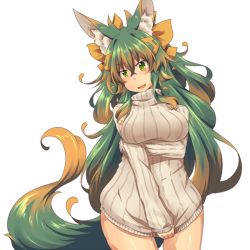 Rule 34 | 1girl, animal ear fluff, animal ears, blush, breast hold, breasts, brown hair, curvy, fang, female focus, gradient hair, green eyes, green hair, kuromiya, kuromiya raika (kuromiya), large breasts, long hair, looking at viewer, matching hair/eyes, multicolored hair, open mouth, original, ribbed sweater, simple background, solo, standing, sweater, tail, thigh gap, very long hair, white background, wide hips