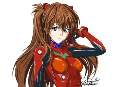 Rule 34 | 1girl, artist request, bodysuit, breasts, brown hair, hair between eyes, hand in own hair, highres, interface headset, lips, long hair, looking at viewer, medium breasts, neon genesis evangelion, plugsuit, red bodysuit, shiny clothes, simple background, solo, souryuu asuka langley, two side up, white background