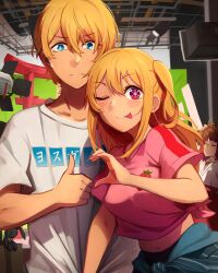 Rule 34 | 1boy, 2girls, ;), ;p, absurdres, arima kana, blonde hair, blue eyes, brother and sister, brown hair, clothes writing, commentary request, heart hands failure, highres, hoshino aquamarine, hoshino ruby, implied crotch grab, incest, indoors, khyle., long hair, looking at viewer, midriff, multiple girls, navel, one eye closed, oshi no ko, pink shirt, purple eyes, shirt, siblings, smile, thumbs up, tied shirt, tongue, tongue out, twins, upper body, white shirt
