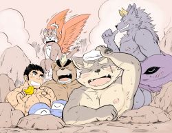 Rule 34 | &gt; &lt;, 5boys, :d, animal ears, ashigara (housamo), ass, bara, bear boy, bear ears, blush, brown fur, cat boy, cat ears, cat tail, character request, covering privates, covering crotch, draw two, embarrassed, facial hair, feathered wings, fox boy, fox ears, furry, furry male, goatee, tamamura gunzo, large pectorals, male focus, mature male, moritaka (housamo), multiple boys, muscular, muscular male, nipples, nude, open mouth, pectorals, rubber duck, scar, scar on chest, short hair, sideburns, smile, stubble, sweat, tail, thick eyebrows, tokyo houkago summoners, towel, towel on head, wet, wings