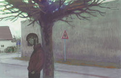 Rule 34 | 1girl, absurdres, against tree, asymmetrical hair, bare tree, brown hair, commentary, cowboy shot, egoist radio, from side, hair ornament, hairclip, hands in pockets, highres, iwakura lain, jacket, leaning, leaning back, leaning on object, looking away, looking up, red jacket, road sign, scenery, serial experiments lain, short hair, sign, solo, tree