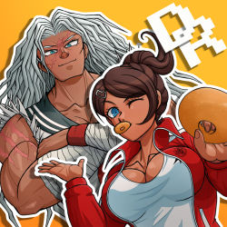 Rule 34 | 10s, 2girls, artist request, asahina aoi, bandages, blue eyes, breasts, brown hair, cleavage, closed mouth, collarbone, collared jacket, crossed arms, danganronpa: trigger happy havoc, danganronpa (series), dark-skinned female, dark skin, doughnut, ears, eating, eyelashes, fingernails, food, hair ornament, jacket, large breasts, long sleeved jacket, looking at viewer, medium hair, mouth hold, multiple girls, nose, ogami sakura, one eye closed, palms, parted bangs, red jacket, scar, scar on arm, scar on face, simple background, smile, tagme, white hair, wink