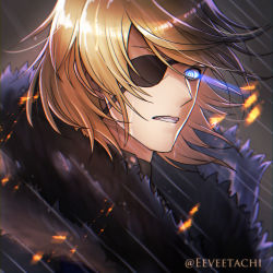 Rule 34 | 1boy, absurdres, artist name, blonde hair, blue eyes, dimitri alexandre blaiddyd, eeveetachi, eyepatch, fire emblem, fire emblem: three houses, fur trim, glowing, glowing eyes, grey background, highres, looking at viewer, male focus, nintendo, aged up, open mouth, simple background, solo, upper body