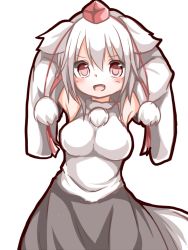 Rule 34 | 1girl, animal ears, bad id, bad pixiv id, bare shoulders, blush, breasts, chikuwa savy, detached sleeves, fang, floppy ears, hat, inubashiri momiji, large breasts, looking at viewer, open mouth, red eyes, short hair, silver hair, simple background, skirt, solo, tokin hat, touhou, white background, wolf ears