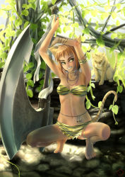 Rule 34 | 1girl, amazon warrior, animal ears, animal print, anklet, armpits, axe, bad id, bad pixiv id, barefoot, belly chain, blonde hair, bra, bracelet, cat, cat ears, cat tail, feet, forest, green eyes, grin, huge weapon, jewelry, jungle, jungle girl, lingerie, loincloth, nature, raybar, smile, solo, squatting, tail, tiger print, underwear, weapon
