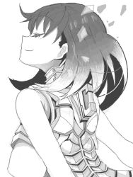 Rule 34 | 1girl, armor, armored dress, artist request, bad drawr id, bad id, bare arms, breasts, character request, closed mouth, copyright request, dress, eyelashes, gradient hair, greyscale, large breasts, light smile, monochrome, multicolored hair, oekaki, profile, sideboob, simple background, sleeveless, sleeveless dress, solo, upper body, white background