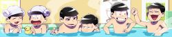 Rule 34 | 10s, 6+boys, bad id, bad twitter id, bathhouse, black hair, brothers, closed eyes, heart, heart in mouth, highres, long image, male focus, matsuno choromatsu, matsuno ichimatsu, matsuno jyushimatsu, matsuno karamatsu, matsuno osomatsu, matsuno todomatsu, multiple boys, osomatsu-kun, osomatsu-san, osomatsu (series), partially submerged, rubber duck, sextuplets, siblings, smile, towel, towel on head, wide image