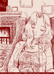 Rule 34 | 10s, 1girl, abazu-red, alternate costume, dated, closed eyes, fire, fireplace, girls und panzer, hair intakes, jacket, kay (girls und panzer), long hair, monochrome, picture frame, red theme, sleeping, solo, sweater, tegaki, tegaki draw and tweet