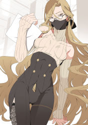 Rule 34 | 1boy, bare shoulders, blonde hair, breasts, bulge, crop top, glasses, halterneck, high-waist pants, highres, long hair, looking at viewer, medium breasts, original, pants, paper, puffy chest, semi kage hito, standing, trap, very long hair, white background