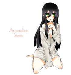 Rule 34 | 1girl, ar tonelico, ar tonelico iii, bad id, bad pixiv id, barefoot, black hair, dress shirt, female focus, full body, green eyes, gust, long hair, open clothes, open shirt, shirt, simple background, sitting, solo, soma (ar tonelico), very long hair, white background