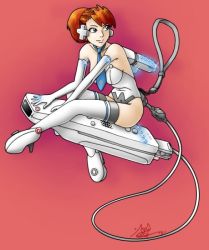 Rule 34 | 1girl, codak, game console, necktie, nintendo, red hair, self-upload, solo, thighhighs, wii, wii-tan