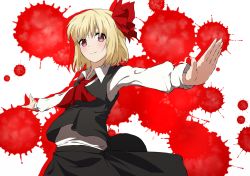 Rule 34 | 1girl, aono meri, bad id, bad twitter id, blonde hair, blood, blood splatter, gradient background, hair ribbon, outstretched arms, red eyes, ribbon, rumia, short hair, smile, solo, touhou