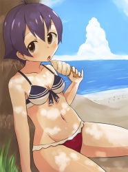 Rule 34 | 10s, 1girl, adapted costume, against tree, beach, bikini, breasts, cloud, cloudy sky, dappled sunlight, day, food, horizon, ice cream, junes, kantai collection, licking, looking at viewer, medium breasts, navel, ocean, outdoors, palm tree, sakawa (kancolle), sand, short hair, sitting, sky, solo, sunlight, swimsuit, tongue, tree, under tree, water
