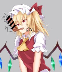 Rule 34 | 1boy, 1girl, ascot, bar censor, biting, biting testicles, blonde hair, blood, bow, breasts, castration, censored, commission, crystal, disembodied penis, flandre scarlet, grey background, hair between eyes, hat, hat bow, highres, long hair, medium breasts, mob cap, one side up, penis, puffy short sleeves, puffy sleeves, red bow, red eyes, red vest, short sleeves, simple background, skeb commission, solo focus, testicles, touhou, upper body, vest, watarase piro, white headwear, wing collar, wings, yellow ascot