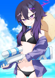 Rule 34 | 1girl, alternate costume, bikini, black bikini, blue archive, blue sky, blurry, blurry background, blush, closed mouth, cloud, commentary, cowboy shot, fingernails, flat chest, hair between eyes, hair ornament, hairclip, haruka (blue archive), hat, hat on back, highres, holding, holding water gun, jacket, jakomurashi, long bangs, long hair, long sleeves, looking at viewer, ocean, off shoulder, open clothes, open jacket, purple eyes, purple hair, purple jacket, sky, smile, solo, straw hat, swimsuit, trigger discipline, water gun, wavy mouth