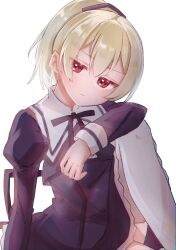 Rule 34 | 1girl, andou tazusa, arm at side, assault lily, black ribbon, black skirt, blonde hair, chromatic aberration, closed mouth, commentary, cowboy shot, cropped jacket, elbow on knee, frilled skirt, frills, hair between eyes, hair ribbon, hand up, head tilt, high-waist skirt, highres, jitome, juliet sleeves, knee up, light blush, long sleeves, looking at viewer, neck ribbon, ponytail, puffy sleeves, purple ribbon, red eyes, ribbon, school uniform, short hair, simple background, sitting, skirt, solo, thighhighs, white background, white thighhighs, yubari lemon (lemonlilie), yurigaoka girls academy school uniform