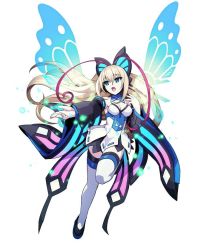 Rule 34 | 1girl, aqua eyes, artist request, azure striker gunvolt, bare shoulders, blonde hair, breasts, butterfly hair ornament, butterfly wings, cleavage, detached sleeves, hair ornament, insect wings, long hair, lumen (gunvolt), multicolored hair, official art, red hair, simple background, solo, thighhighs, two-tone hair, wide sleeves, wings