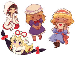 Rule 34 | 4girls, adapted costume, alice margatroid, alternate costume, alternate skin color, arm rest, blonde hair, blue dress, blush, boots, bow, bowtie, brown footwear, brown hair, capelet, chibi, clenched hands, closed eyes, closed mouth, commentary, covered mouth, covering own mouth, cross-laced footwear, dark-skinned female, dark skin, dress, elbow gloves, elbow rest, english commentary, envelope, eyebrows hidden by hair, facing viewer, feather boa, floating hair, frilled hair tubes, frilled hairband, frills, full body, gap (touhou), gloves, hair bow, hair ribbon, hair tubes, hairband, hakurei reimu, hand on own cheek, hand on own chin, hand on own face, hand to own mouth, hand up, hands up, hat, hat ribbon, head rest, heart, holding, holding envelope, holding letter, hood, hood up, hooded kimono, invisible chair, japanese clothes, kimono, leg up, letter, lolita hairband, long dress, long sleeves, looking ahead, looking at viewer, looking to the side, love letter, maribel hearn, mob cap, multiple girls, nekolina, no nose, no socks, open mouth, own hands clasped, own hands together, petticoat, pink bow, pink hairband, pink sash, puffy short sleeves, puffy sleeves, purple dress, purple eyes, red bow, red bowtie, red eyes, red footwear, red ribbon, ribbon, sandals, sash, shiromuku, short hair, short sleeves, sidelocks, simple background, sitting, sleeveless, sleeveless dress, smile, standing, swept bangs, tabi, touhou, tress ribbon, u u, uchikake, v arms, w arms, wataboushi, wavy hair, white background, white capelet, white gloves, white headwear, white hood, white kimono, wide sleeves, yakumo yukari, zouri