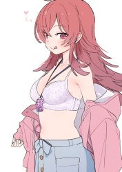 Rule 34 | 1girl, bare shoulders, blue skirt, blush, bra, breasts, brown eyes, brown hair, closed mouth, dorontabi, heart, heart hands, highres, idolmaster, idolmaster shiny colors, jacket, komiya kaho, lanyard, long hair, looking at viewer, navel, off shoulder, pink jacket, sidelocks, simple background, skirt, small breasts, smile, solo, tongue, tongue out, underwear, upper body, white background, white bra