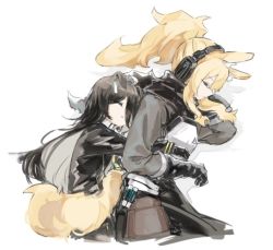 Rule 34 | 2girls, :o, animal ears, arknights, armor, black coat, black gloves, black hair, black jacket, breastplate, carrying, carrying person, closed eyes, closed mouth, coat, commentary, cropped torso, crossover, ears down, gloves, headphones, horse ears, jacket, long hair, manhattan cafe (umamusume), multiple girls, nearl (arknights), nejikyuu, parted lips, ponytail, scarf, simple background, sleeping, symbol-only commentary, tail, umamusume, upper body, white background