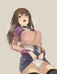 Rule 34 | 1girl, black thighhighs, blue skirt, breasts, brown hair, cameltoe, commentary request, corset, gold trim, green eyes, hair ornament, hairclip, highres, holding, long hair, miniskirt, norupaa, open mouth, panties, pink shirt, pussy juice, shirt, skirt, solo, sophia esteed, star ocean, star ocean till the end of time, thighhighs, underwear, wet, wet clothes, wet panties, zettai ryouiki