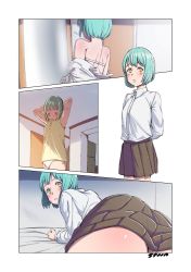 Rule 34 | 1girl, artist name, before and after, blue hair, blush, bra, by spoon, comic, comic strip, demi-chan wa kataritai, female focus, highres, indoors, kusakabe yuki (demi-chan wa kataritai), lying, on stomach, original, panties, school uniform, sequential, short hair, solo, standing, text focus, thighs, underwear, undressing, white panties, yellow eyes, yuki onna