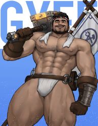 Rule 34 | 1boy, abs, bara, beard, black hair, body hair, bulge, chest hair, cowboy shot, dopey (dopq), facial hair, gyee, highres, large pectorals, male focus, male underwear, manly, muscular, navel, nipples, over shoulder, pectorals, sig (gyee), simple background, smile, solo, thick thighs, thighs, topless male, underwear, upper body, weapon, weapon over shoulder