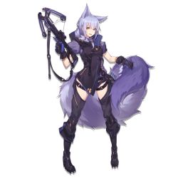 Rule 34 | 1girl, :d, animal ears, arknights, black footwear, black gloves, black jacket, black pants, boots, bow (weapon), braid, breasts, buckle, chaps, crossbow, full body, gloves, hair over shoulder, holding, holding crossbow, holding weapon, hood, hood down, hooded jacket, jacket, knee boots, knee pads, long hair, looking at viewer, multicolored clothes, multicolored gloves, nian (zhanian), official art, open mouth, pants, provence (arknights), puffy sleeves, purple hair, purple shirt, shirt, sidelocks, single braid, small breasts, smile, snap-fit buckle, solo, tachi-e, tail, thigh strap, trigger discipline, weapon, wolf ears, wolf tail, yellow eyes