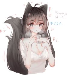 Rule 34 | 1girl, ahoge, animal ears, black hair, blush, breasts, cleavage, collarbone, cropped torso, cup, dress, grey eyes, hair between eyes, hair ornament, hairclip, hands up, highres, holding, holding cup, holding saucer, long hair, looking at viewer, medium breasts, original, parted lips, saucer, short sleeves, simple background, solo, tail, tail raised, tandohark, translated, upper body, white background, white dress