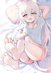 Rule 34 | 1girl, :3, ahoge, animal ear fluff, animal ears, arm behind head, arm up, barefoot, bed, blue eyes, blush, cat ears, cat girl, cat tail, clothes lift, fang, feet, hand under clothes, hand under shirt, highres, komi (trickcal), legs, legs up, lifted by self, long hair, lying, on back, open mouth, picter, pillow, pink shorts, shirt, shirt lift, short shorts, short sleeves, shorts, smile, soles, solo, stomach, tail, thighs, toes, trickcal, white hair, white shirt