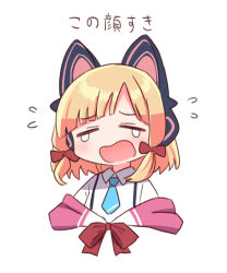 Rule 34 | 1girl, animal ear headphones, animal ears, blonde hair, blue archive, blush, bow, cat ear headphones, cat ears, closed eyes, collared shirt, cropped torso, facing viewer, fake animal ears, flying sweatdrops, hair bow, headphones, highres, momoi (blue archive), naga u, open mouth, red bow, shirt, simple background, solo, tears, upper body, wavy mouth, white background, white shirt