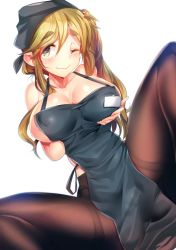 Rule 34 | 1girl, apron, bandana, blonde hair, blush, breasts, collarbone, highres, inuyama aoi, large breasts, long hair, looking at viewer, one eye closed, pantyhose, ponytail, silly (marinkomoe), smile, thick eyebrows, wink, yellow eyes, yurucamp