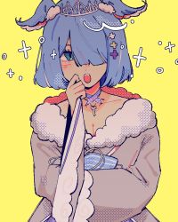 Rule 34 | 1girl, blue eyes, blue hair, blush, breasts, cleavage, collarbone, commentary, elira pendora, elira pendora (2nd costume), english commentary, fur trim, grey kimono, hair over one eye, head wings, highres, japanese clothes, jewelry, key, kimono, konmare, necklace, nijisanji, nijisanji en, off shoulder, short hair, sleeves past wrists, solo, tiara, virtual youtuber, wings, yellow background