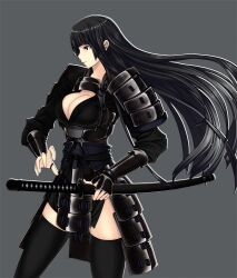 Rule 34 | 1girl, armor, black eyes, black hair, black thighhighs, blunt bangs, breasts, cleavage, closed mouth, commentary request, cowboy shot, grey background, holding, holding sword, holding weapon, japanese armor, katana, kote, kusazuri, long hair, looking to the side, medium breasts, original, sheath, sheathed, shoulder armor, simadu-kazuhisa, simple background, sode, solo, standing, sword, thighhighs, very long hair, weapon