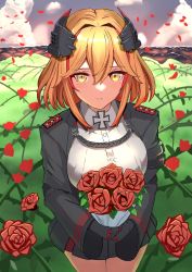 Rule 34 | 1girl, absurdres, azur lane, black gloves, black jacket, black skirt, blonde hair, bouquet, breasts, cross, flower, from above, gloves, grey shirt, headgear, highres, holding, holding bouquet, iron cross, jacket, large breasts, miniskirt, multicolored hair, namazake, outdoors, red flower, red hair, red rose, roon (azur lane), rose, shirt, skirt, solo, standing, streaked hair, two-tone hair, yellow eyes