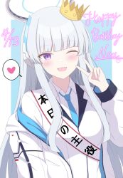 Rule 34 | 1girl, absurdres, blue archive, blue necktie, blunt bangs, blush, breasts, collared shirt, commentary request, crown, dated, halo, hand up, happy birthday, heart, highres, birthday sash, jacket, long hair, long sleeves, magaasha, medium breasts, mini crown, necktie, noa (blue archive), off shoulder, one eye closed, open mouth, purple eyes, shirt, sidelocks, smile, solo, spoken heart, upper body, v, very long hair, white hair, white jacket, white shirt