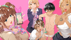 Rule 34 | 1boy, 4girls, :3, ;p, angry, arm grab, blonde hair, blue eyes, blush, bow, bowtie, breasts, brown hair, caressing testicles, cellphone, censored, cleavage, crying, cum, cum on hair, embarrassed, eyebrows hidden by hair, facial, folded ponytail, from above, glasses, green eyes, gyaru x batsu game + inkya = harem!?, handjob, handjob with panties, highres, holding, holding phone, jacket, large breasts, legs, looking at viewer, middle finger, mole, mole under eye, mole under mouth, mosaic censoring, multiple girls, navel, one eye closed, open mouth, orange eyes, original, panties, panties on penis, penis, phone, piercing, pink background, recording, school uniform, short hair, simple background, skirt, squatting, standing, tamabon (koutetsu shabondama), tears, testicles, thighs, tongue, tongue out, tongue piercing, topless, twintails, underwear, undressing, v, v-shaped eyebrows, vest, wink